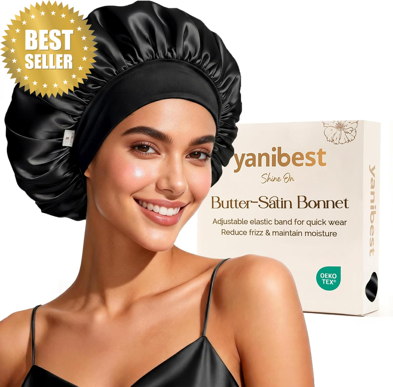 Silk Bonnet for Sleeping Women, Double Layer Hair Satin Bonnets with Elastic Ban