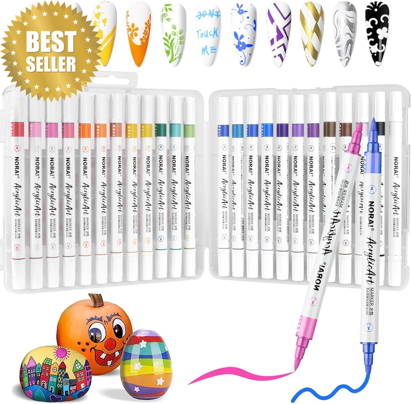Acrylic Paint Pens, 24 Colors Dual Tip Nail Art Polish Pens with Fine Tip and Br