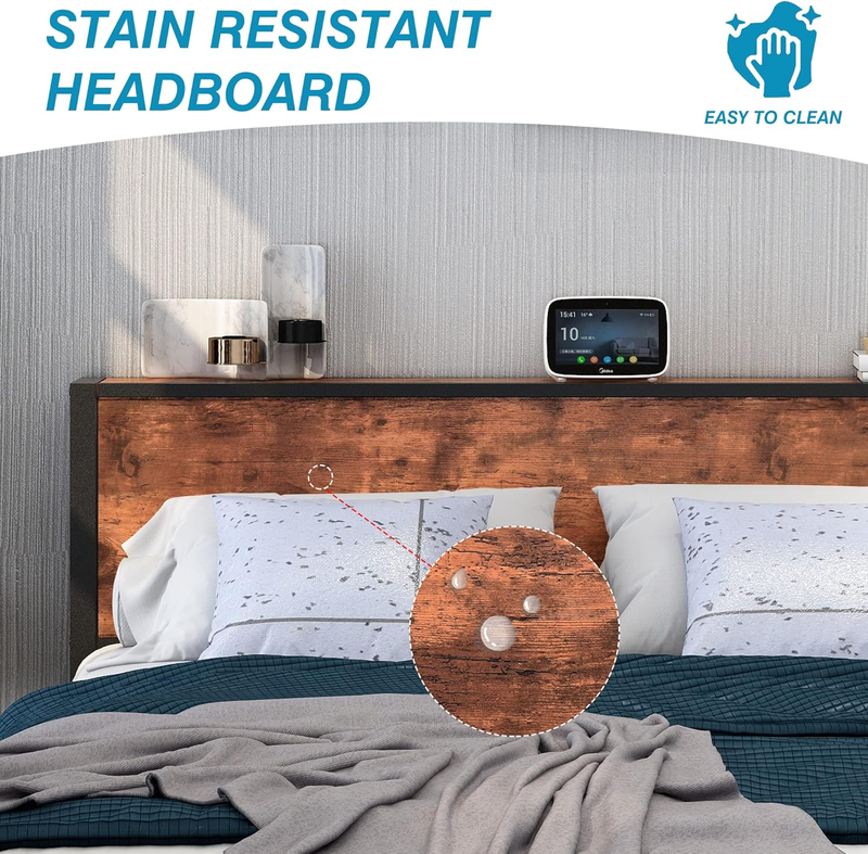 Queen Bed Frame with Wood Storage Headboard, Metal Platform Bed Frame Queen Size