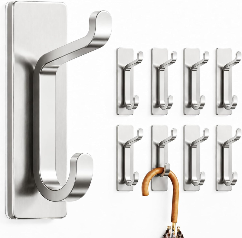 8 Pack Adhesive Wall Hooks, Heavy Duty Metal Towel Hooks for Door&Bathroom