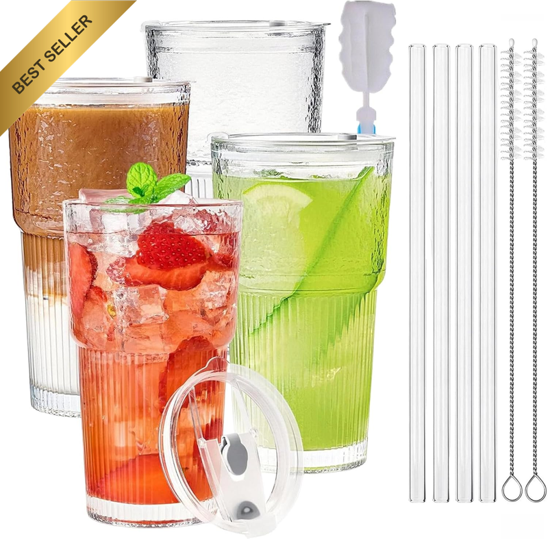 4 Pack Glass Tumblers with Lids and Glass Straws,20Oz Reusable Glass Cups Durabl