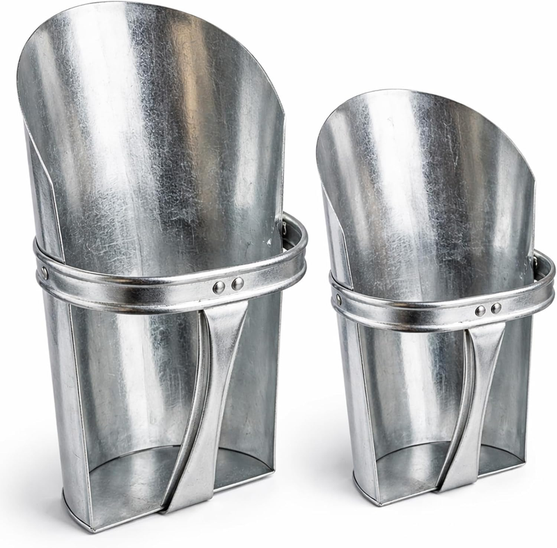 Domensi 2 Pack Galvanized Steel Feed Scoop Set-4 Qt & 2.5 Qt Heavy Duty Metal Gr