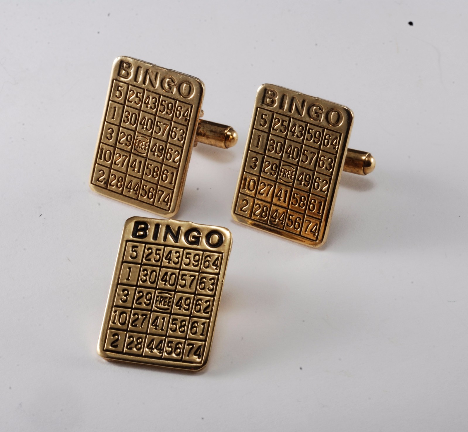 Vintage BINGO Card Gold Plated Brass & Enamel Tie Tack & CuffLinks Men's Jewelry