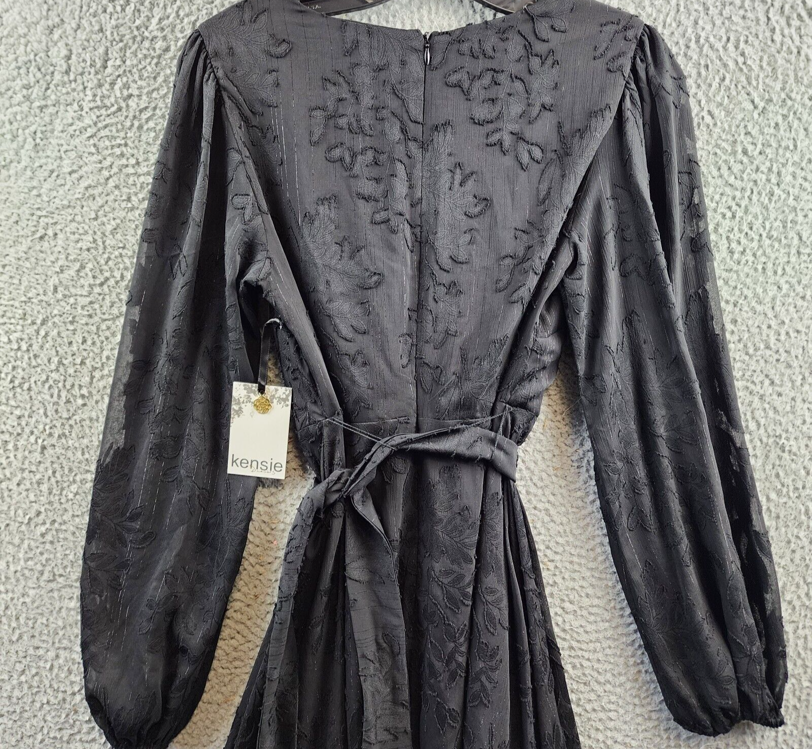 kensie V-Neck Chiffon Fit&Flare Dress Women's 2 Black Tie Waist Back Zip Closure - Picture 15 of 16