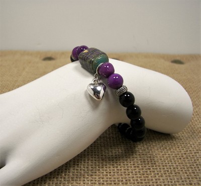 Purple Quartzite Black Jasper Silver Tone Heart Charm Bead Bracelet #31