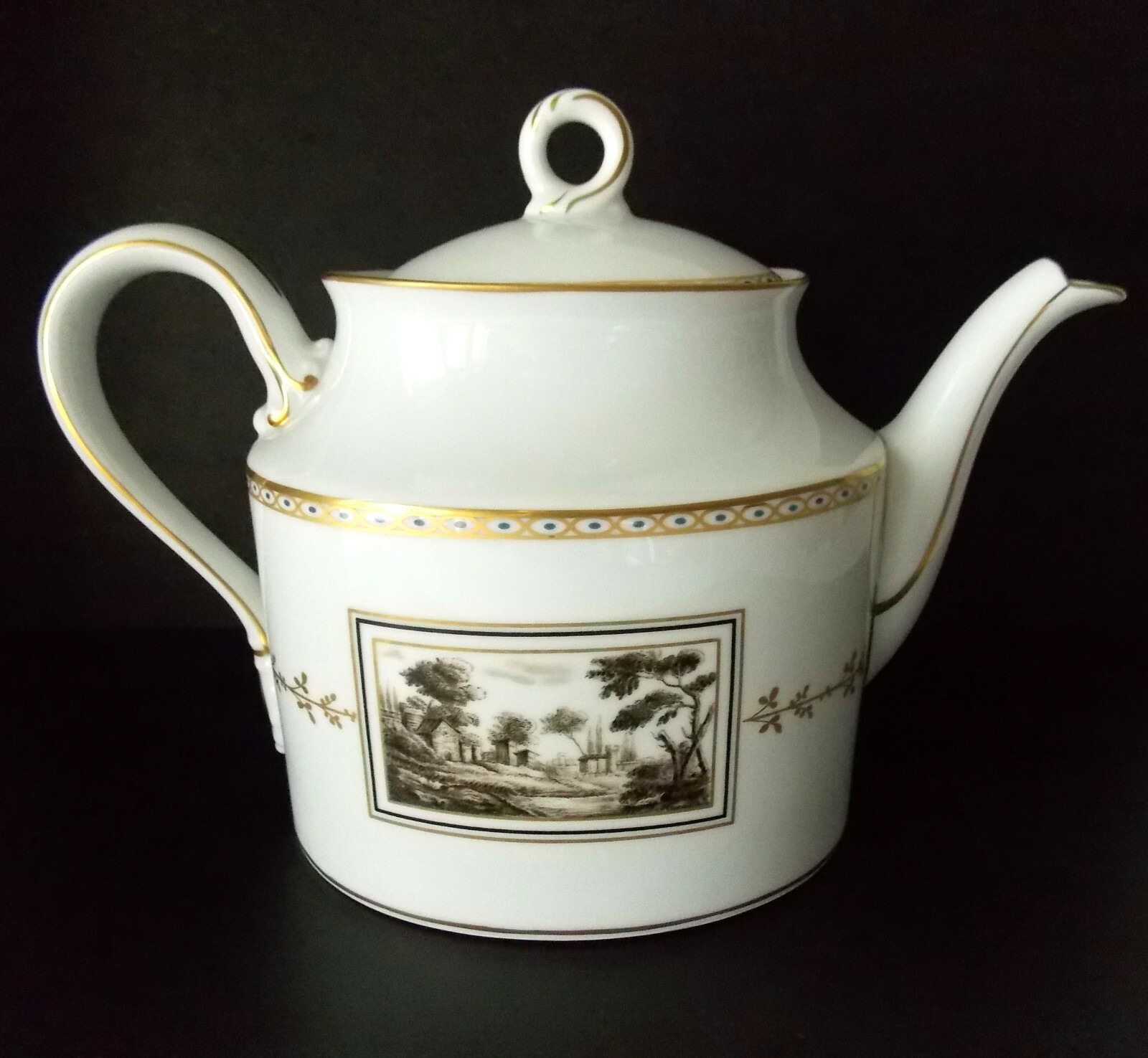 RICHARD GINORI FIESOLE ITALIAN SCENE WHITE GOLD PORCELAIN TEAPOT SEPIA GORGEOUS!