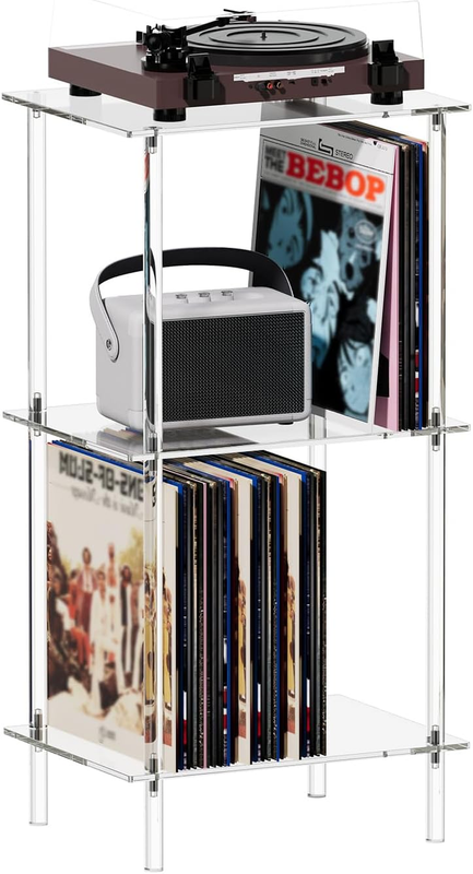 Acrylic Record Player Stand, Turntable Stand with Vinyl Record Storage, Tall Side Table/End Table for Living Room, Bedroom, 3-Tier, Modern, 15.7
