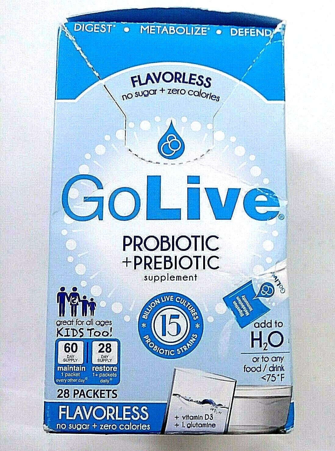 Golive Probiotic and Prebiotic Supplement Blend, Flavorless, 28-Count EXP 02 /20