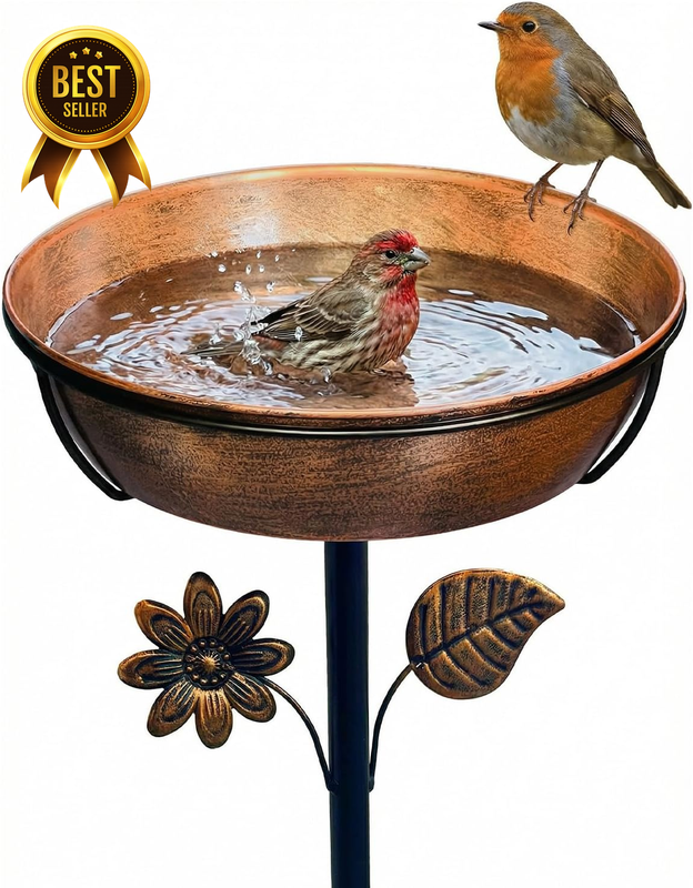 12 Inch Metal Bird Bath Outdoor 3 Deep Bowl 5 Prong Stake