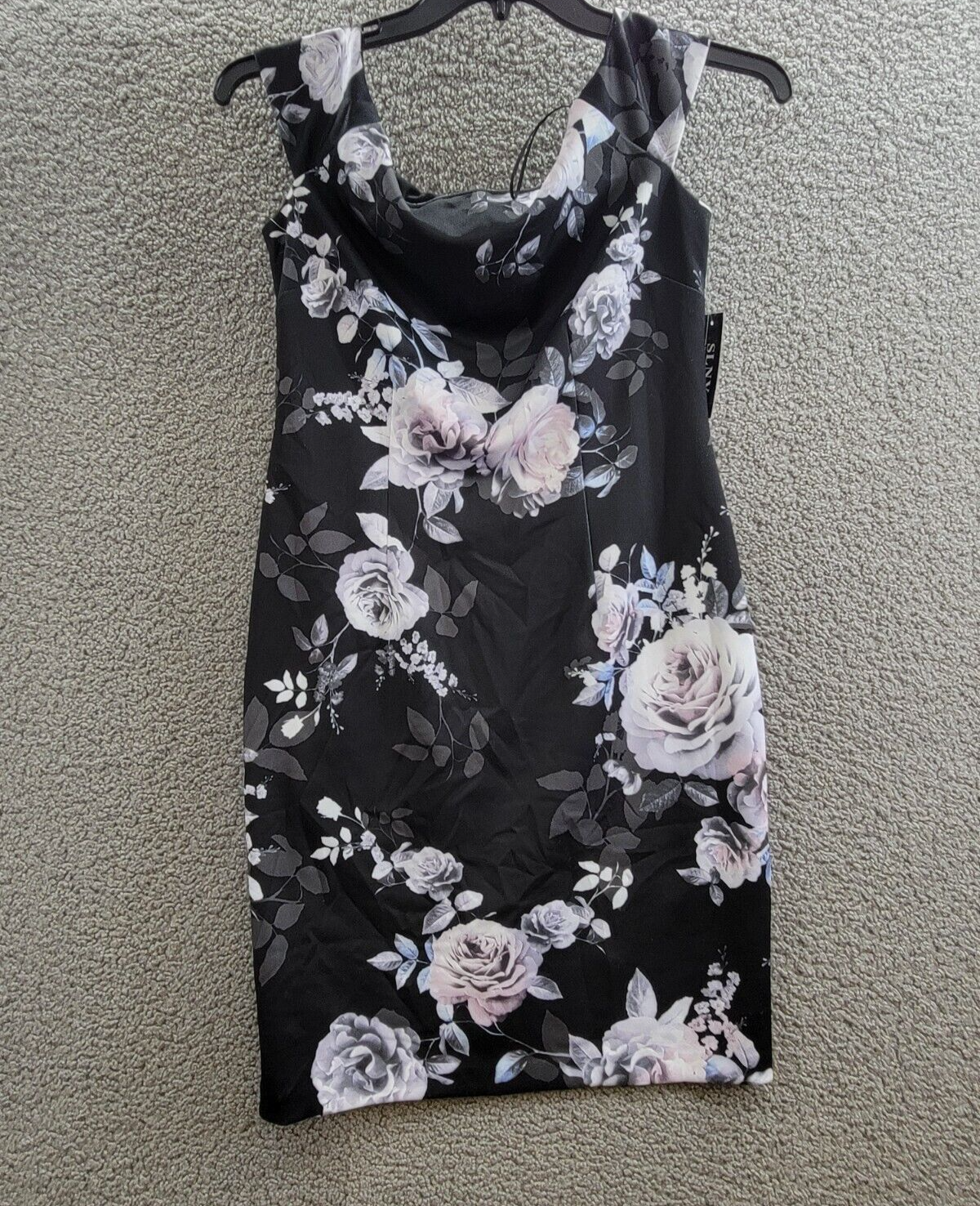 SLNY Off-The-Shoulder Floral Print Sheath Dress Women's 6 Black Multi Back Zip - Picture 2 of 16
