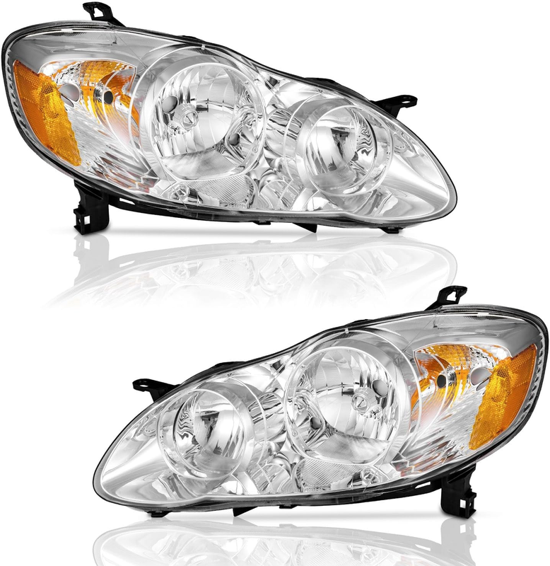Chrome Amber Reflector Left Right Side Headlights for 2003-2008 Toyota Corolla