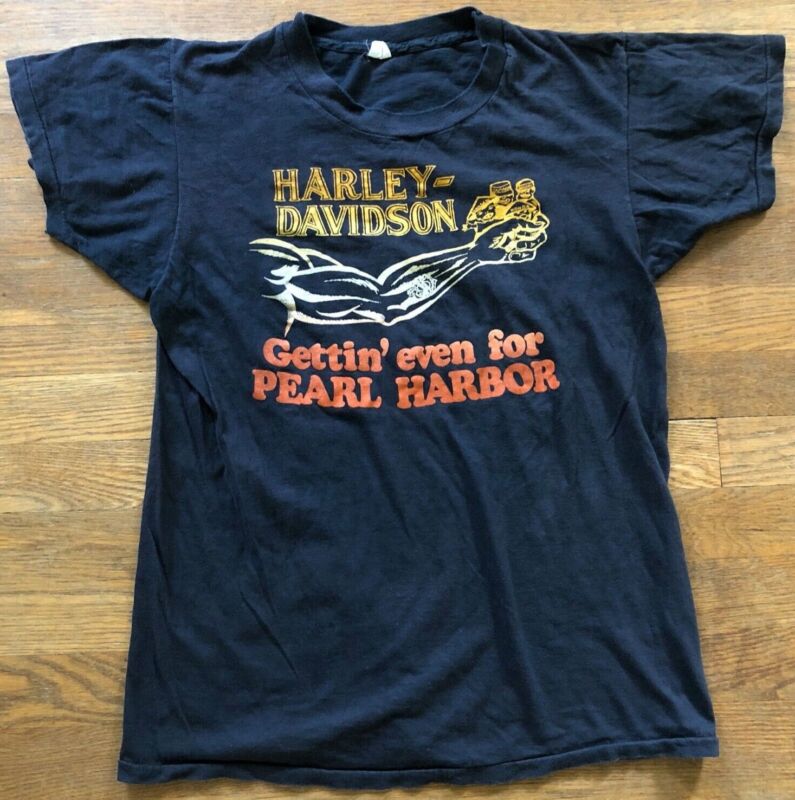 Harley Davidson T Shirt Gettin Even For Pearl Harbor WWII 1970s Vintage Medium