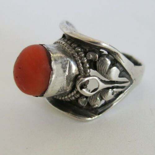 Sterling Silver Ring Coral Expandable Band 8.4g Size 6 [6149]