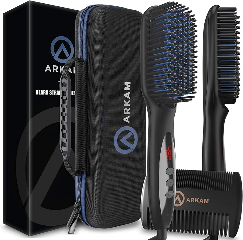 Arkam Beard Straightener for Men -Premium Heated Beard Brush Kit W/Anti-Scald Fe