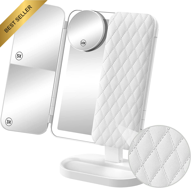 KAPASKI Rechargeable Trifold Makeup Mirror, 3 Colors Dimmable Vanity Mirror with