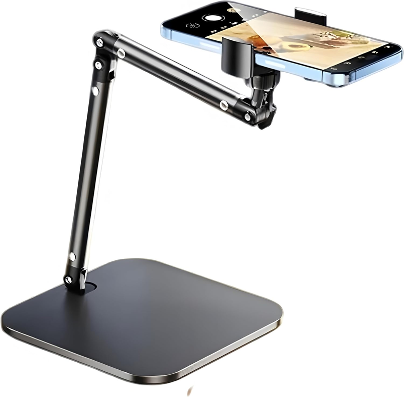 Adjustable Overhead Phone Stand for Desk, Black Metal Articulating Arm Mount wit