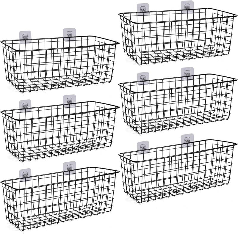 6 Pack Wire Storage Baskets Household Metal Wall-Mounted Containers Organizer Bins for Kitchen Bathroom Freezer Pantry Closet Laundry Room Cabinets Garage Shelf, Large