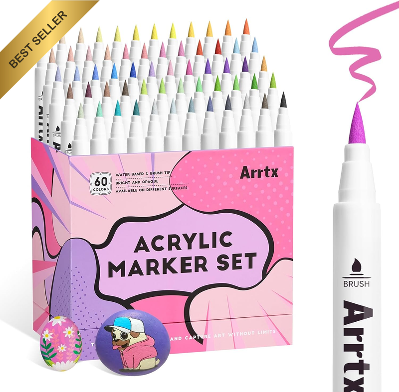 60 Colors Acrylic Paint Pens Brush Tip Cartoon Anime Rock Wood Canvas