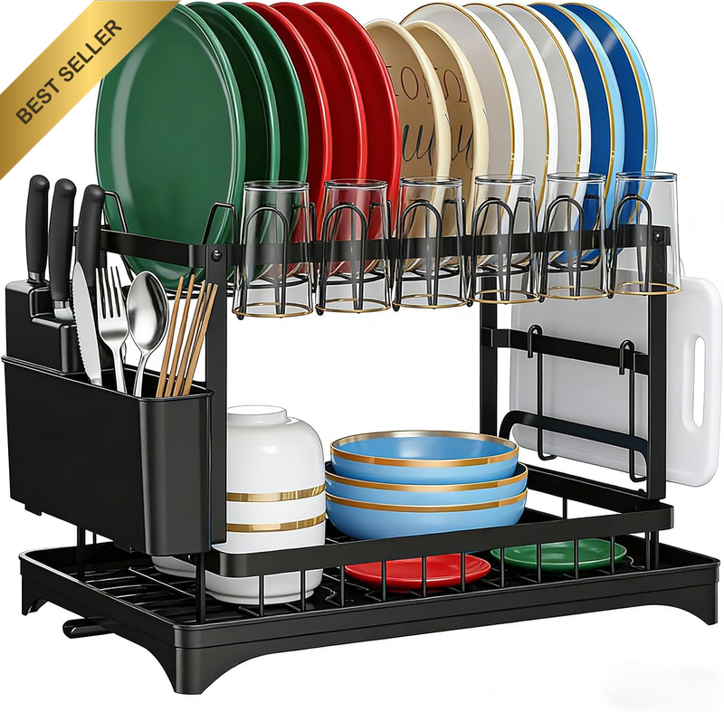 Dish Drying Rack for Kitchen Counter, 2 Tier Rust-Proof Carbon Steel Dish Rack w