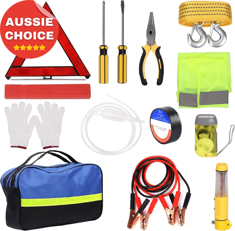 13Pcs Car Emergency Kit Warning Triangle Safety Vest Jumper Cables Tow Strap