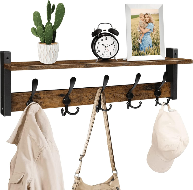 Rustic Brown Wall Mount Coat Rack with Shelf and 5 Tri Hooks, Wood Coat Hangers