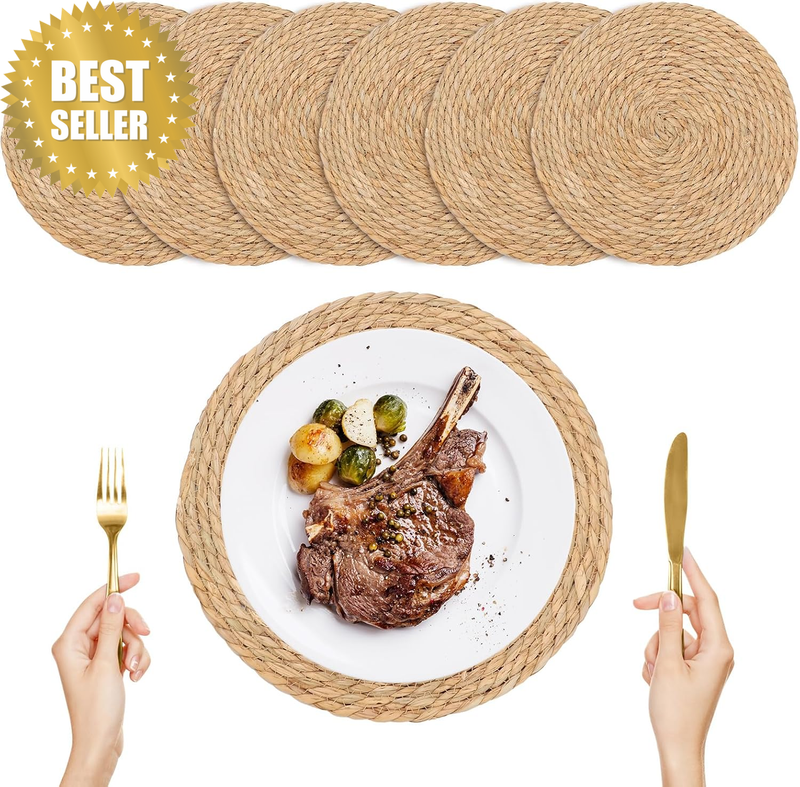 Natural Woven round Placemats Set of 6, Heat Resistant Braided Mats(35Cm)