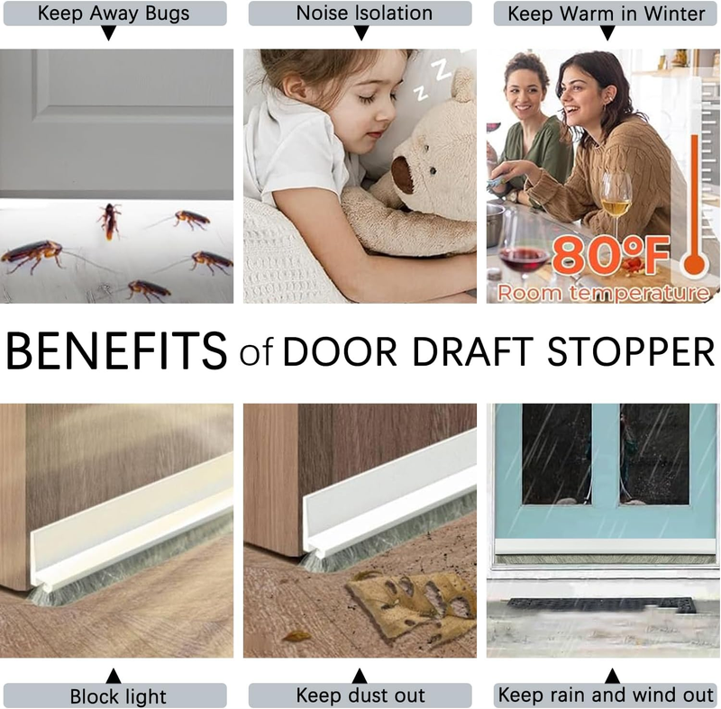 2 Pack Under Door Draft Stoppers with Brush Reduce Noise, Door Soundproofing Str