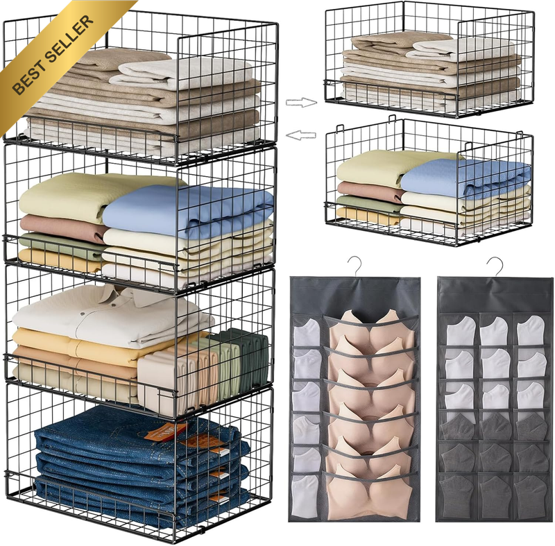 4 Pack Stackable Closet Organizers and Storage Bins Folding Wire Basket Drawers