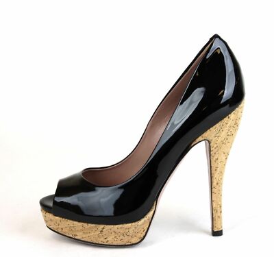 Pre-owned Gucci $685 Auth  Patent Leather Cork Platform Heel Pump, Black, 310175 1000