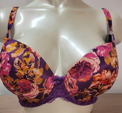Gossard Bra 34F Botanical Print Plum Padded Plunge 5121 Underwired Padded BNWT