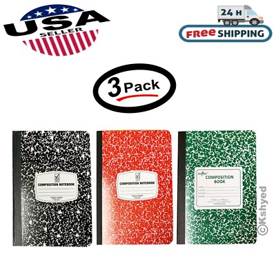 (3 Pack) Composition/Notebook Book, Wide Ruled Paper, 100 Sheets, 9-3/4''x7-1/2''