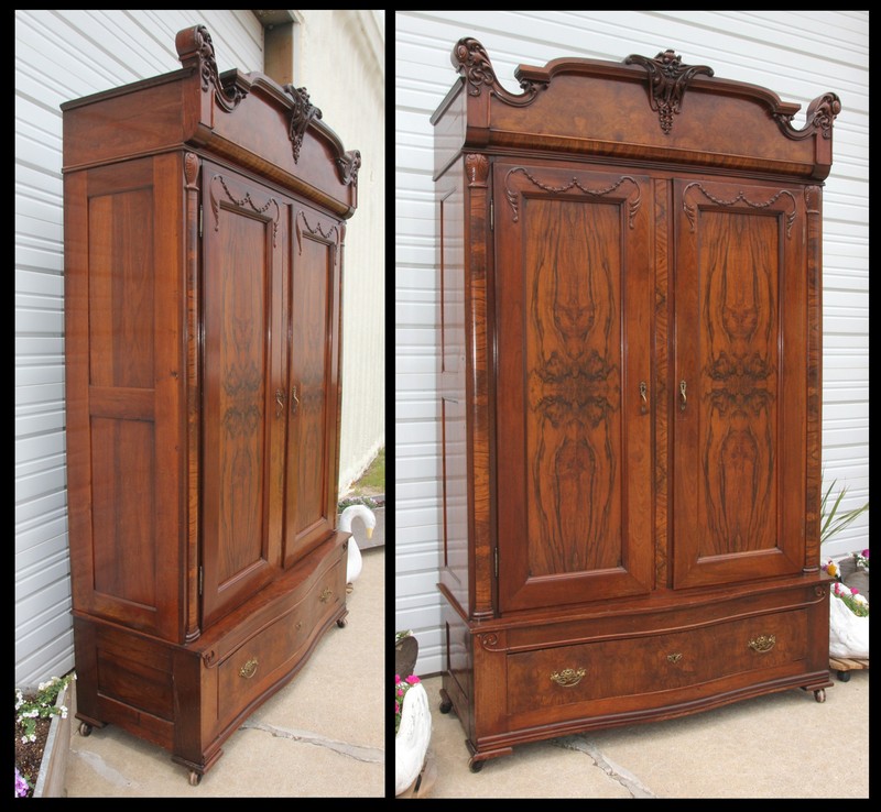 Victorian Serpentine Step Back Walnut Knockdown Double Armoire Wedding Wardrobe