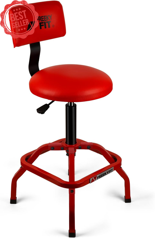 Adjustable Shop Stool w/ Backrest 300LB Swivel Garage Chair Padded Red Seat