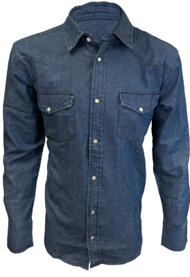 Mens Denim Western Shirt Dark Blue Wash Cotton Pearl Snap Up Buttons 2 Pockets