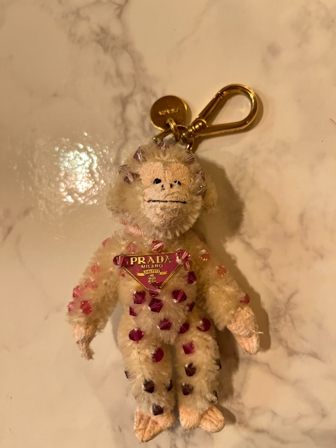 PRADA KEY RING HOLDER BAG CHARM AUTH White Monkey Pink BEADS
