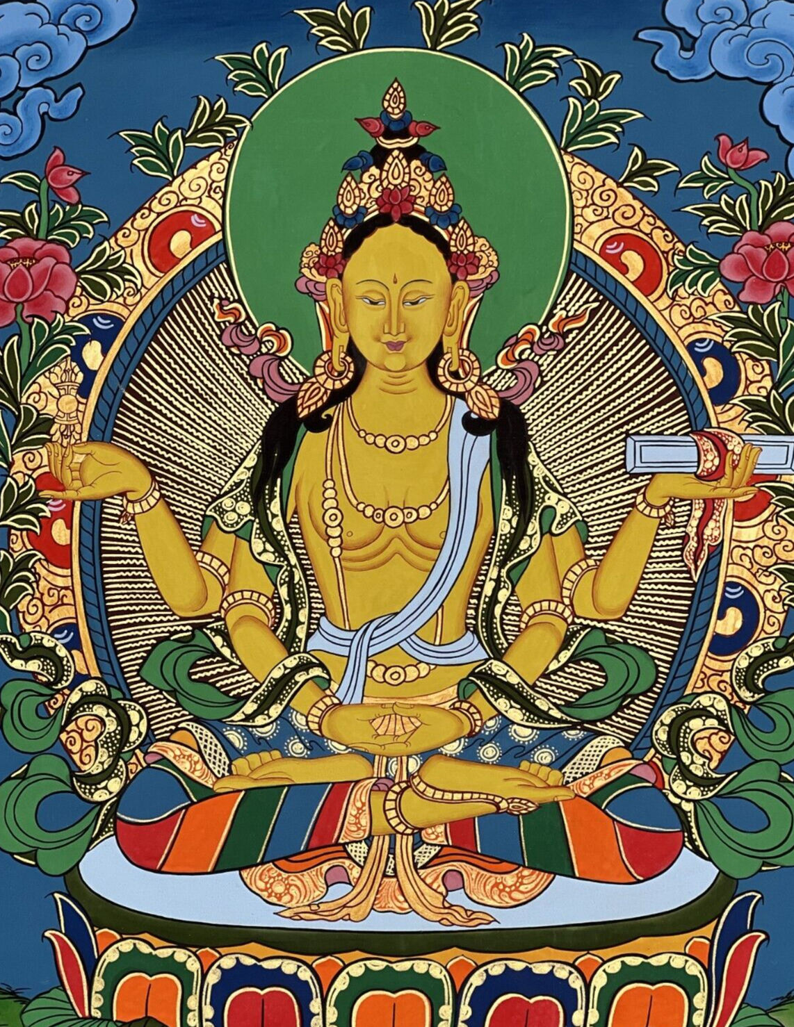 PRAJNAPARAMITA-PERFECT WISDOM ORIGINAL TIBETAN THANGKA PAINTING WITH SILK BORDER