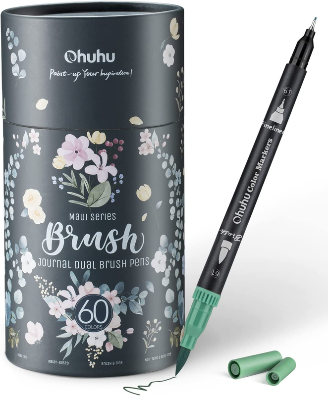 Ohuhu Dual Tip Fine & Brush Pens: 60 Colors Water-Based/Markers/Maui Black/Color