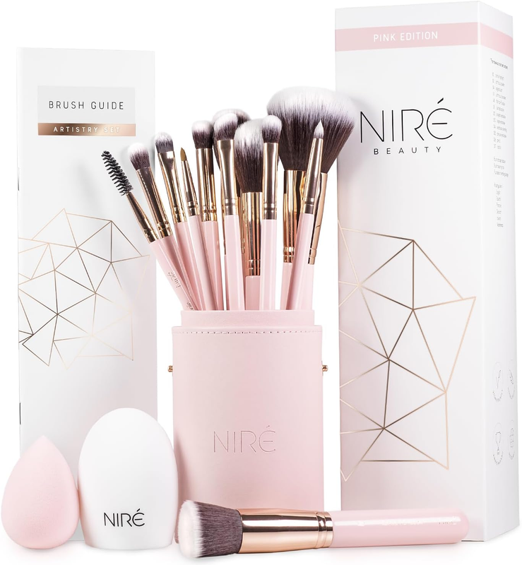 Niré Beauty Vegan Makeup Brush Set with Case, 15 Pieces, Pink Rose Gold