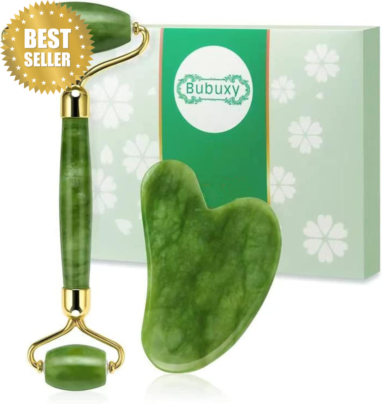 Gua Sha & Jade Roller Gift Set, Natural Green Face Roller and Gua Sha Stone Set,