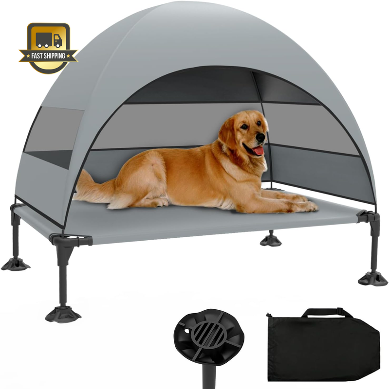 Elevated Dog Bed with Canopy, Raised Outdoor Dog Cot Bed with Upgraded Stable An