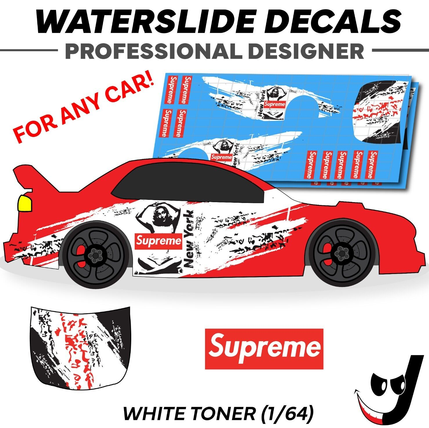 1/64 Water Slide Decals White Toner Supreme, Supreme Logo