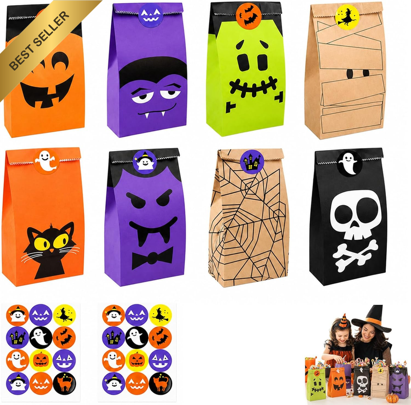 24Pcs Halloween Treat Bags with Stickers, Reusable Candy Cookie Goodie Bags, Spo