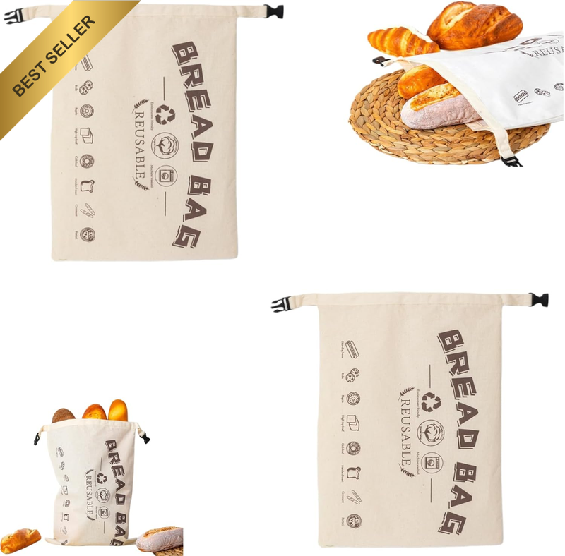 2 Pack Reusable Cotton Bread Bags with TPU Lining, 43 * 32Cm Washable Bread Stor