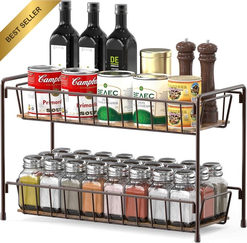 2-Tier Spice Rack Organiser for Kitchen Countertop, Bronze
