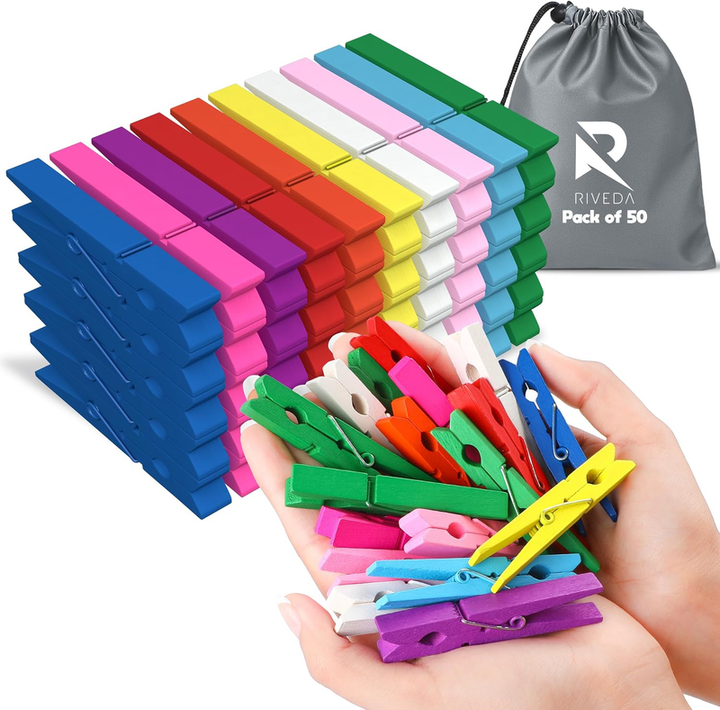 RIVEDA 50Pcs Colored Wooden Clothes Pins, 2.9Inch 10 Colors, Clothespins for Cla