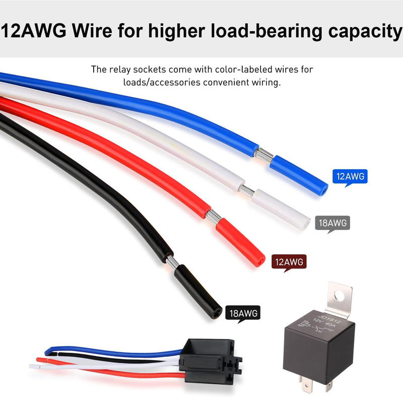 2pcs JD1912 Car Relay Harness 12V 40A 4 Pin SPST 12AWG Harness Sockets with Buil