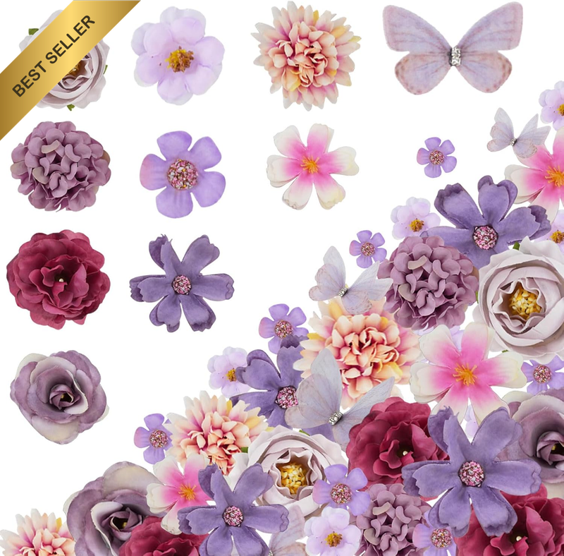 40 Pack Artificial Flower Heads & 10 Organza Butterfly Set - Fake Flowers Bulk F