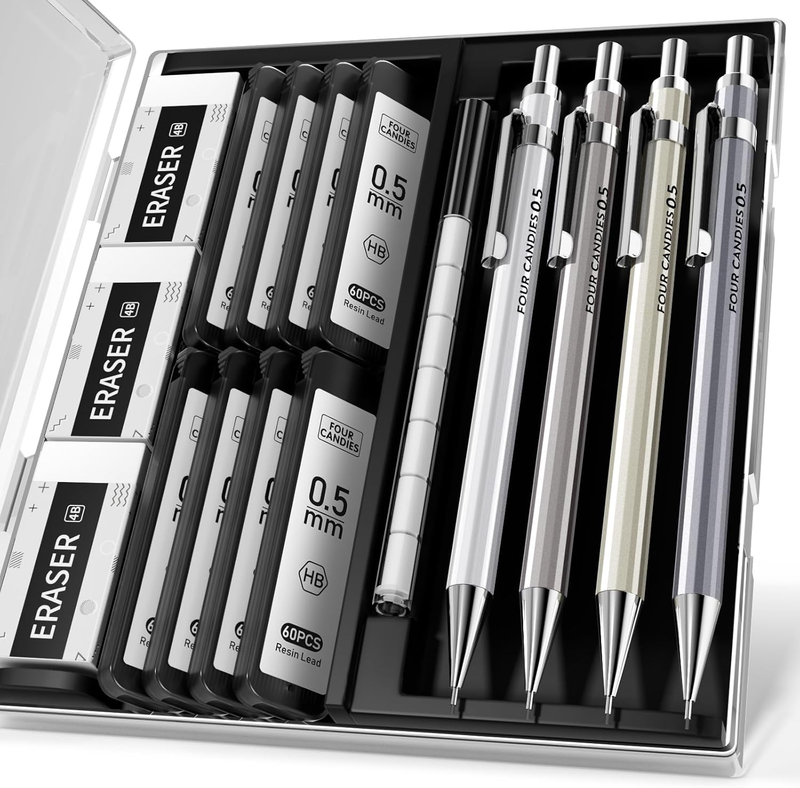 0.5Mm Mechanical Pencil Set with Case - 4PCS Metal Mechanical Pencils, 8 Tubes H