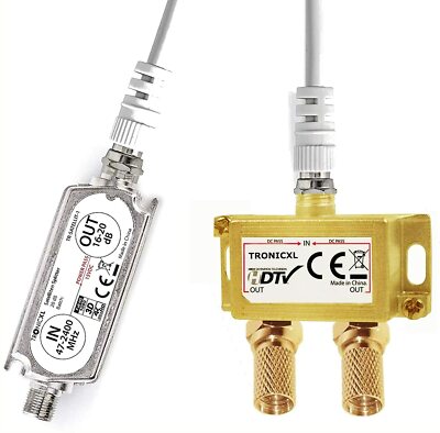 2-Fach Antennenverteiler Splitter mit Sat Verstärker digital HD Satellit Weiche
