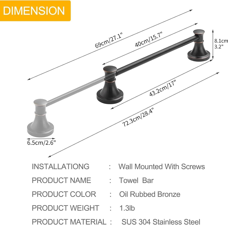 Adjustable Bronze 16.5 to 28.7 Inch Towel Bar Rack for Bathroom Towel Holder, Wa